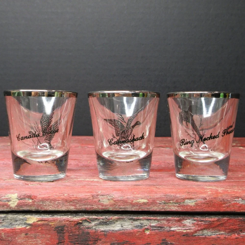 VTG MCM Game Bird Shot Glasses Set of 3 Canada Goose Canvasback Pheasant Silver